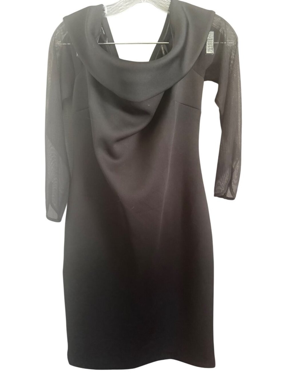 Calvin Klein Black Cowl Neck Sheath Dress With Sheer Sleeves & Back Zip Size 12